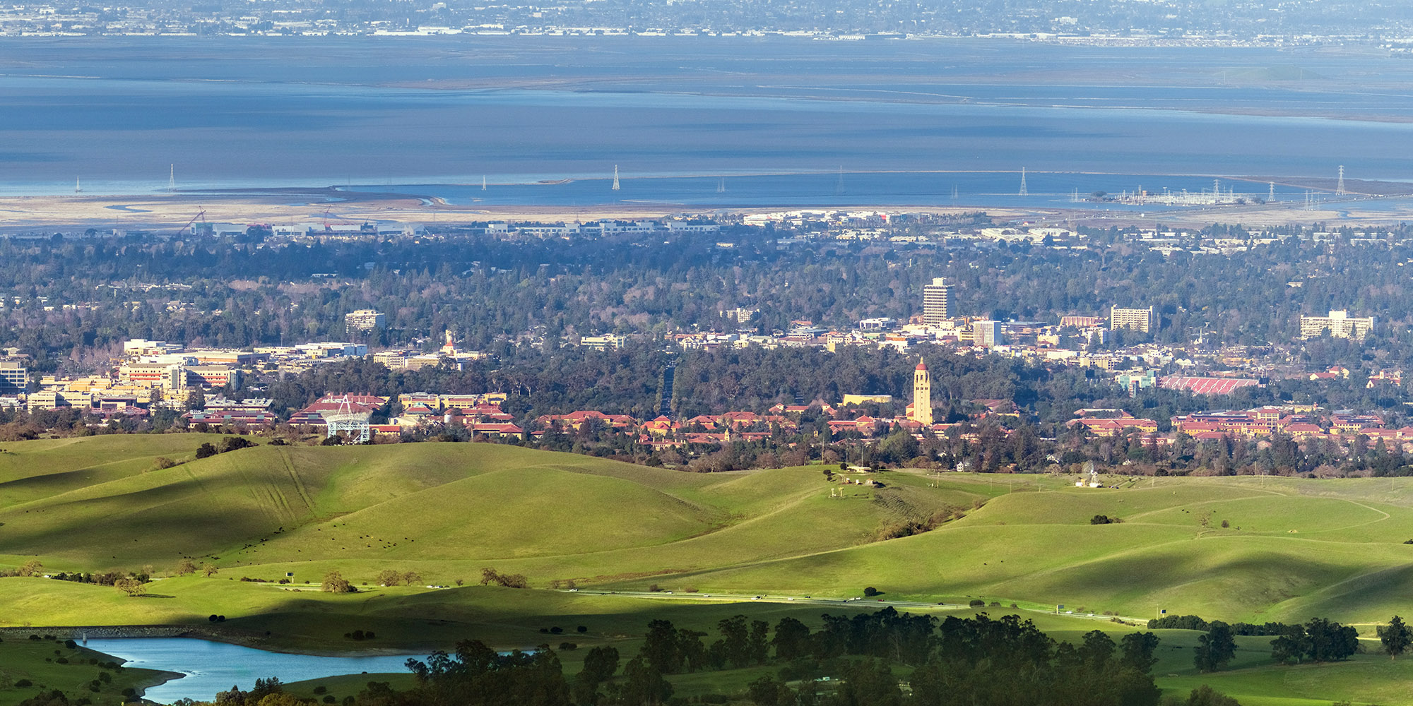 Aerial view of Stanford; Palo Alto, Menlo Park, Redwood City and